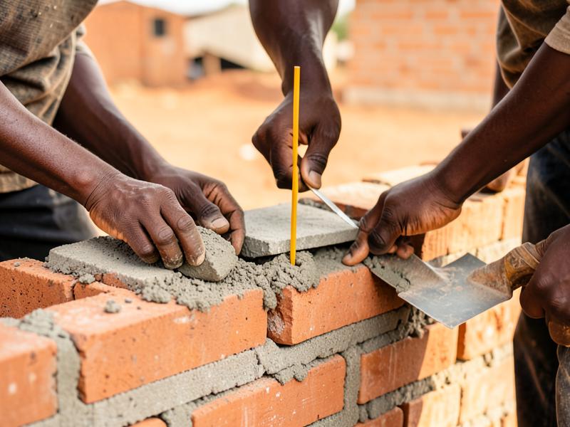 Construção de parede de tijolo com prumo e alinhamento